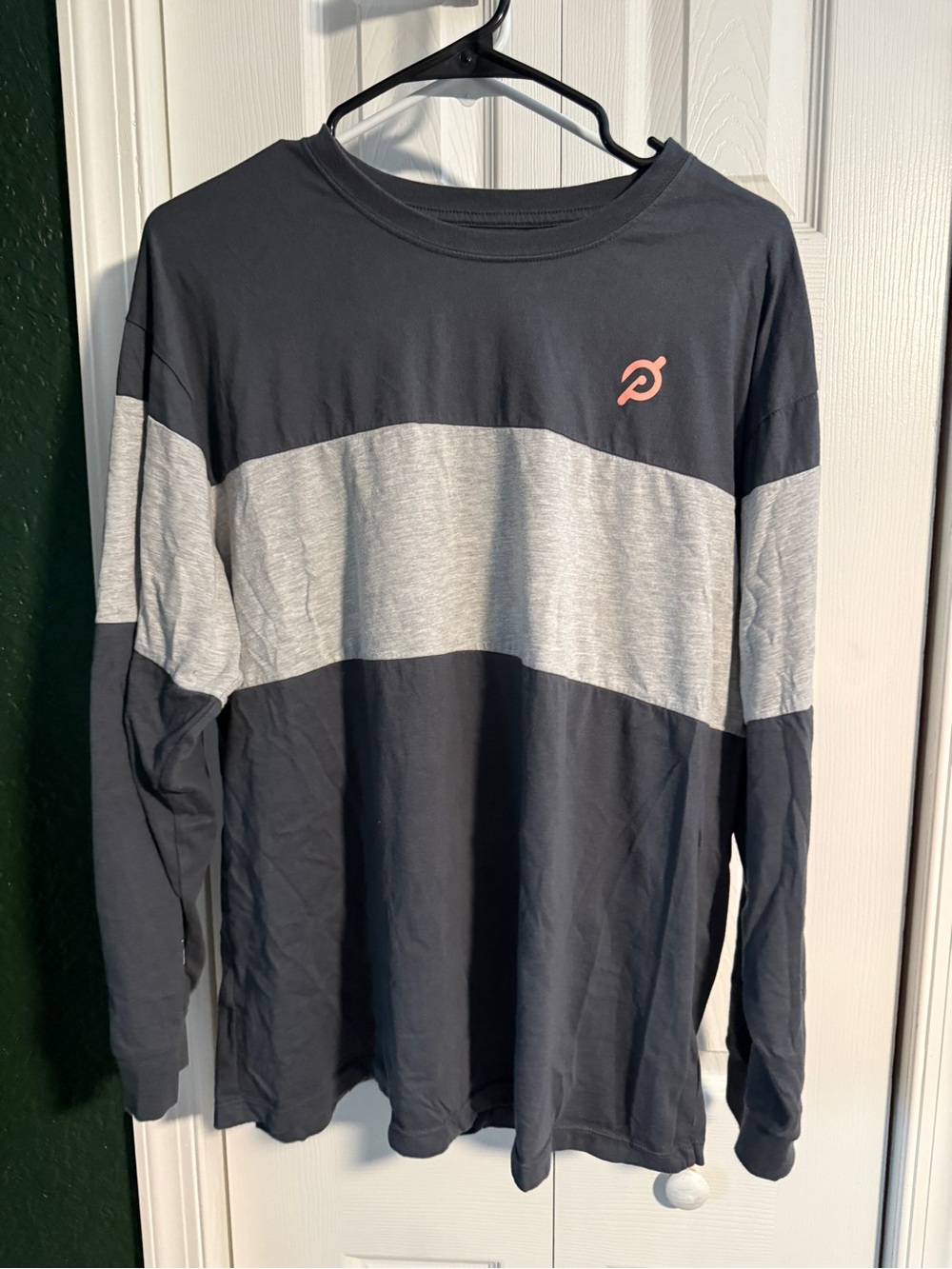 Peloton Long Sleeve Tee in Charcoal Gray with Light Gray Stripe and Pink Logo